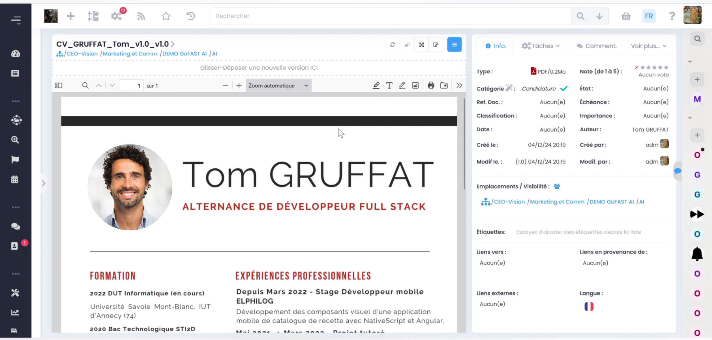capture d'écran représetant la catégorisation automatique des documents