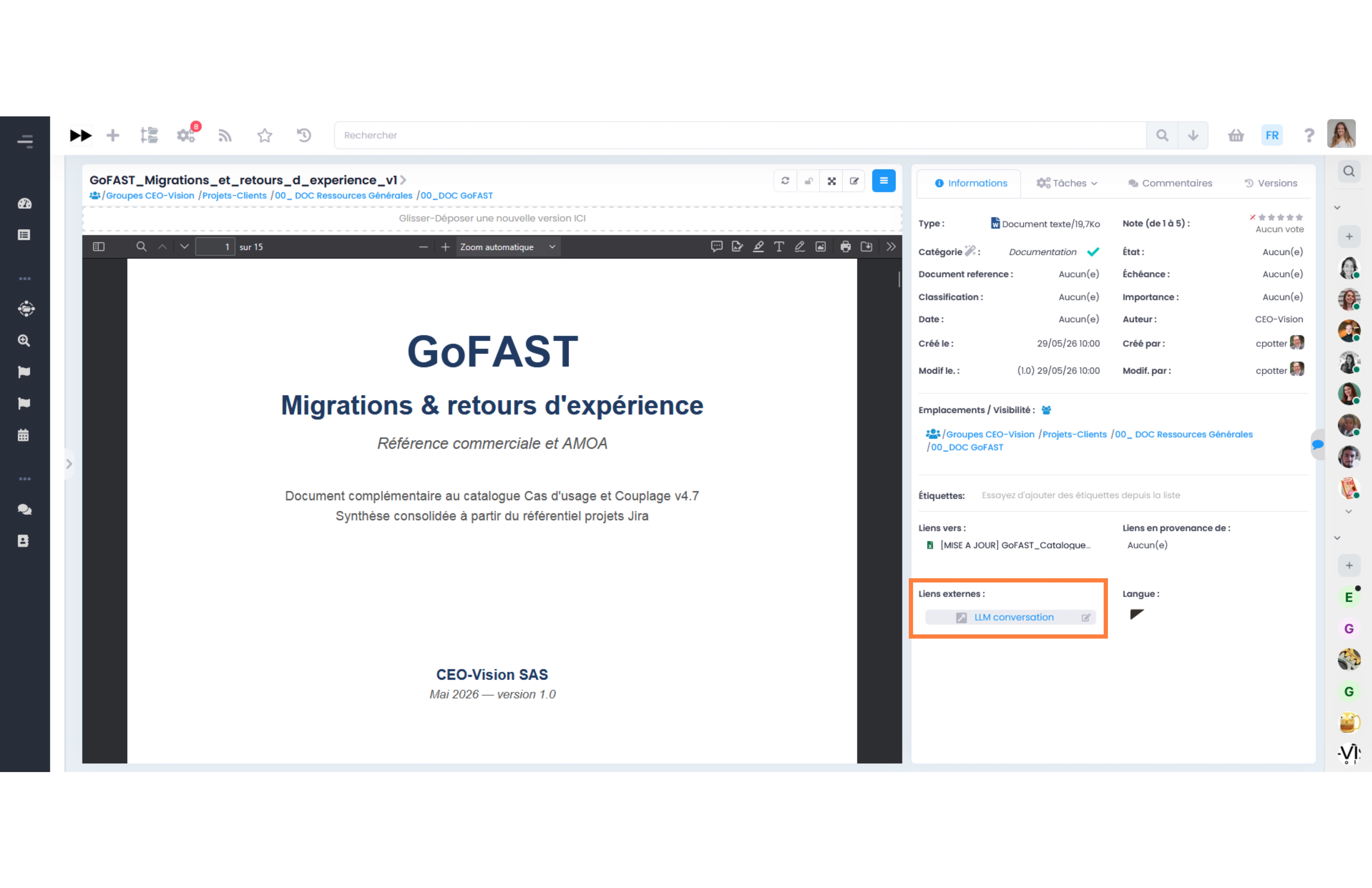 Lien externe vers la conversation LLM dans les métadonnées GoFAST
